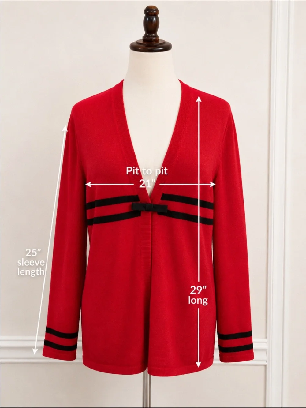 Vintage St. John SJ Knit Red & Black Stripe Bow Cardigan Sweater Size 10